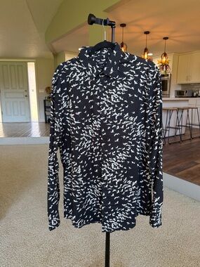 Express Black Button-Up Shirt with White and Tan Bird Print